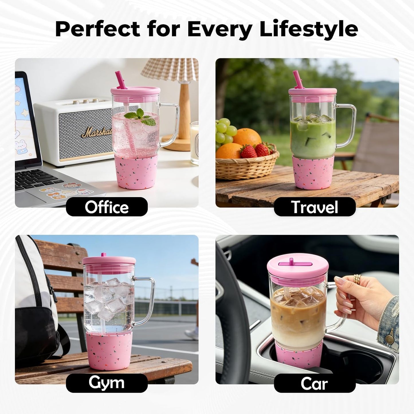 40oz Glass Tumbler with Straw and Lid, Glass Cup with Silicone Sleeve | Leakproof Lid, Fits Car Cup Holder Glass for Iced Coffee, Water, Cold Drinks, Travel, Outdoor, Partys&Home