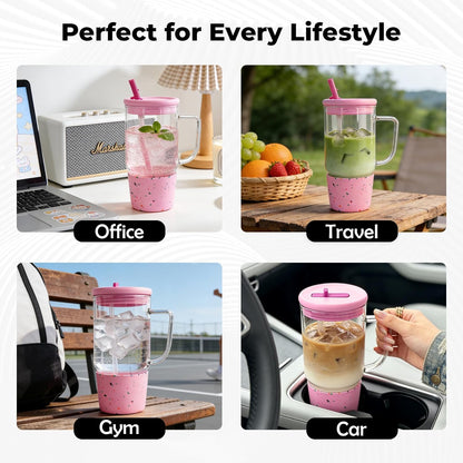 40oz Glass Tumbler with Straw and Lid, Glass Cup with Silicone Sleeve | Leakproof Lid, Fits Car Cup Holder Glass for Iced Coffee, Water, Cold Drinks, Travel, Outdoor, Partys&Home