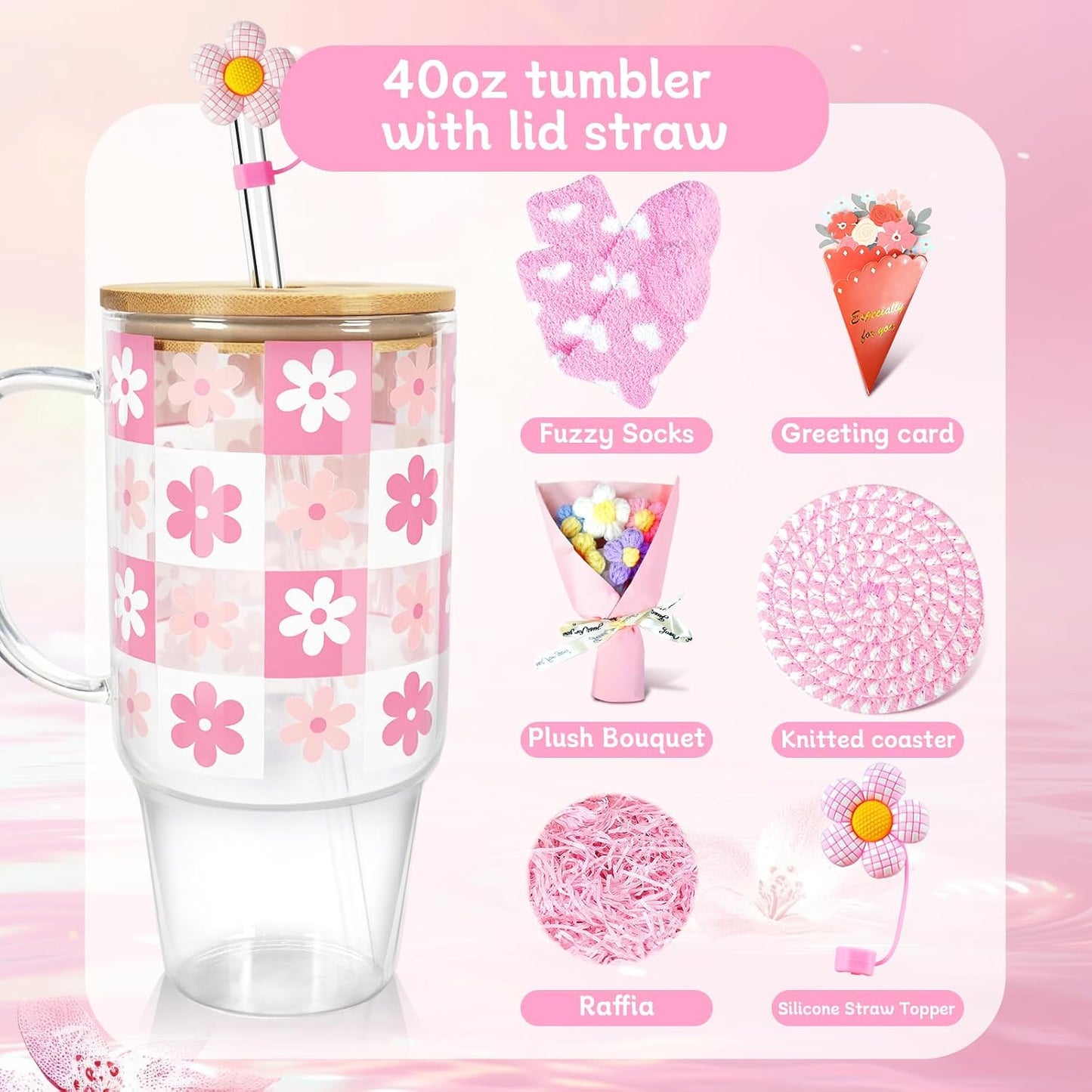 40oz Glass Tumbler with Straw and Lid, Glass Cup with Silicone Sleeve | Leakproof Lid, Fits Car Cup Holder Glass for Iced Coffee, Water, Cold Drinks, Travel, Outdoor, Partys&Home