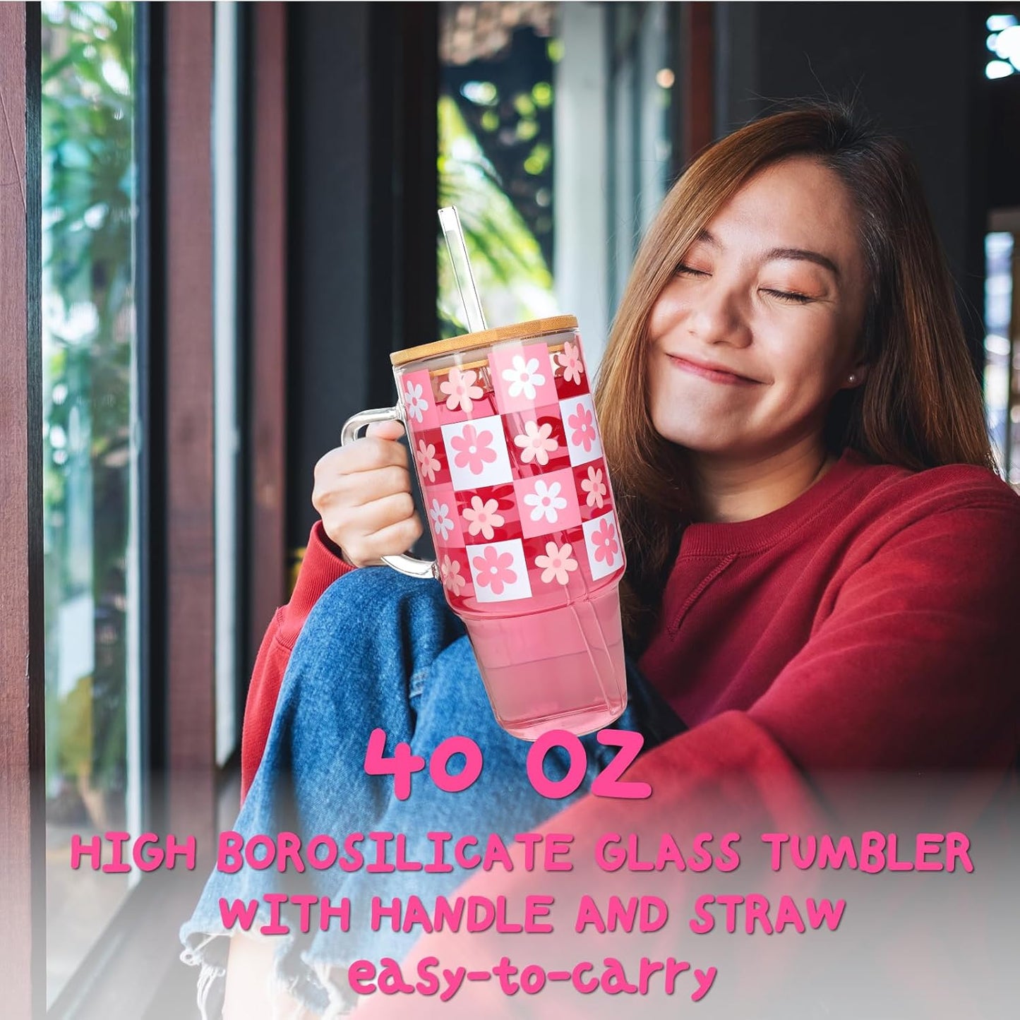 40oz Glass Tumbler with Straw and Lid, Glass Cup with Silicone Sleeve | Leakproof Lid, Fits Car Cup Holder Glass for Iced Coffee, Water, Cold Drinks, Travel, Outdoor, Partys&Home