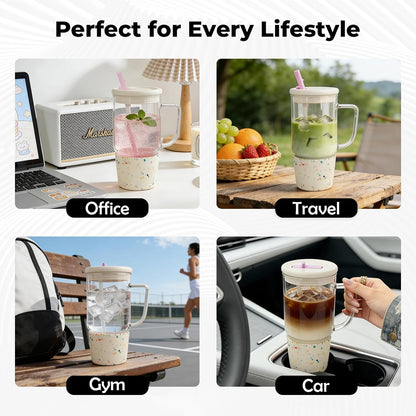 40oz Glass Tumbler with Straw and Lid, Glass Cup with Silicone Sleeve | Leakproof Lid, Fits Car Cup Holder Glass for Iced Coffee, Water, Cold Drinks, Travel, Outdoor, Partys&Home