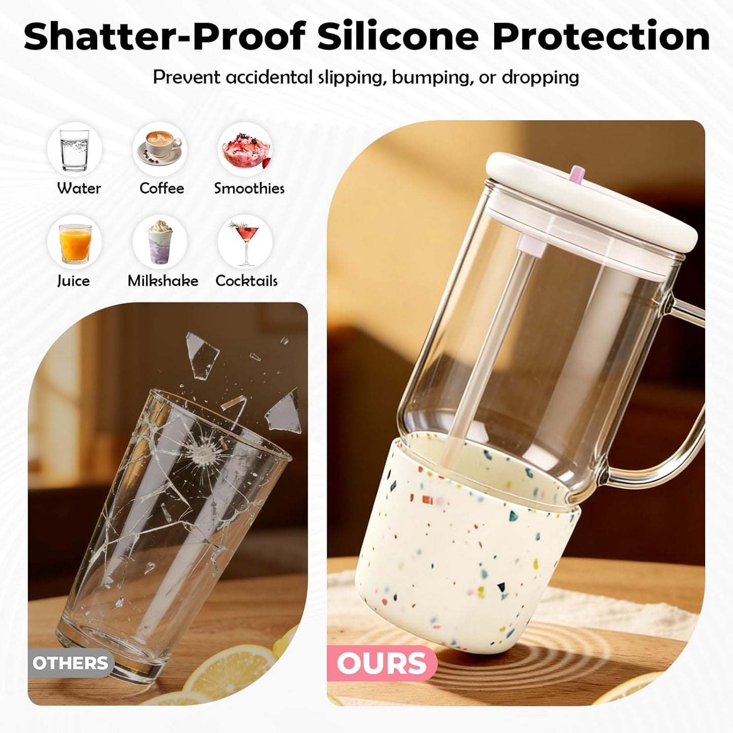 40oz Glass Tumbler with Straw and Lid, Glass Cup with Silicone Sleeve | Leakproof Lid, Fits Car Cup Holder Glass for Iced Coffee, Water, Cold Drinks, Travel, Outdoor, Partys&Home