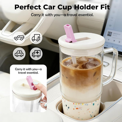 40oz Glass Tumbler with Straw and Lid, Glass Cup with Silicone Sleeve | Leakproof Lid, Fits Car Cup Holder Glass for Iced Coffee, Water, Cold Drinks, Travel, Outdoor, Partys&Home