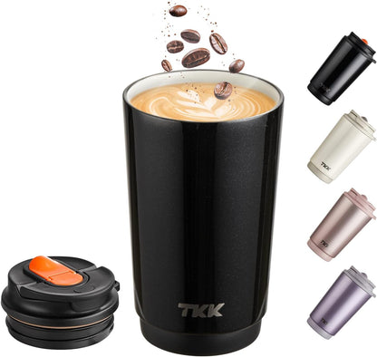 Coffee Cup with Ceramic Coating - 14oz Insulated Stainless Steel Travel Mug, Leak-Proof Tumblers with Straw for Hot/Cold Beverages, Easy Wide Mouth Cleaning, White