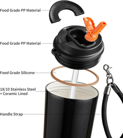 Coffee Cup with Ceramic Coating - 14oz Insulated Stainless Steel Travel Mug, Leak-Proof Tumblers with Straw for Hot/Cold Beverages, Easy Wide Mouth Cleaning, White