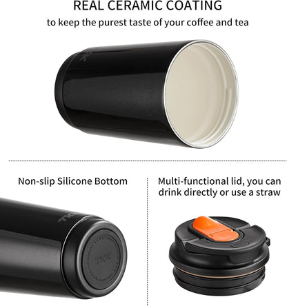 Coffee Cup with Ceramic Coating - 14oz Insulated Stainless Steel Travel Mug, Leak-Proof Tumblers with Straw for Hot/Cold Beverages, Easy Wide Mouth Cleaning, White