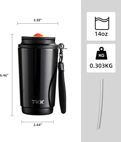Coffee Cup with Ceramic Coating - 14oz Insulated Stainless Steel Travel Mug, Leak-Proof Tumblers with Straw for Hot/Cold Beverages, Easy Wide Mouth Cleaning, White