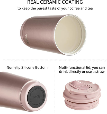 Coffee Cup with Ceramic Coating - 14oz Insulated Stainless Steel Travel Mug, Leak-Proof Tumblers with Straw for Hot/Cold Beverages, Easy Wide Mouth Cleaning, White