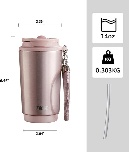 Coffee Cup with Ceramic Coating - 14oz Insulated Stainless Steel Travel Mug, Leak-Proof Tumblers with Straw for Hot/Cold Beverages, Easy Wide Mouth Cleaning, White