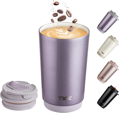 Coffee Cup with Ceramic Coating - 14oz Insulated Stainless Steel Travel Mug, Leak-Proof Tumblers with Straw for Hot/Cold Beverages, Easy Wide Mouth Cleaning, White