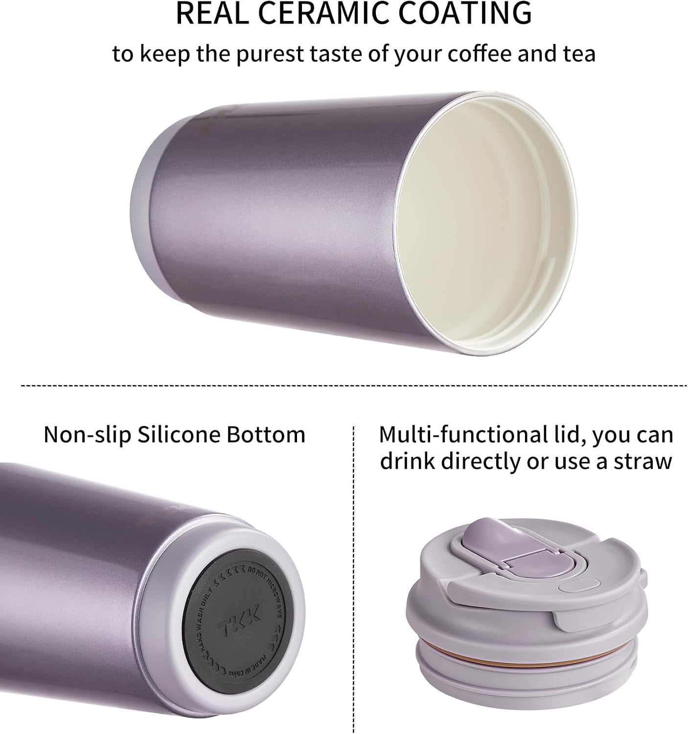 Coffee Cup with Ceramic Coating - 14oz Insulated Stainless Steel Travel Mug, Leak-Proof Tumblers with Straw for Hot/Cold Beverages, Easy Wide Mouth Cleaning, White