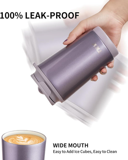 Coffee Cup with Ceramic Coating - 14oz Insulated Stainless Steel Travel Mug, Leak-Proof Tumblers with Straw for Hot/Cold Beverages, Easy Wide Mouth Cleaning, White