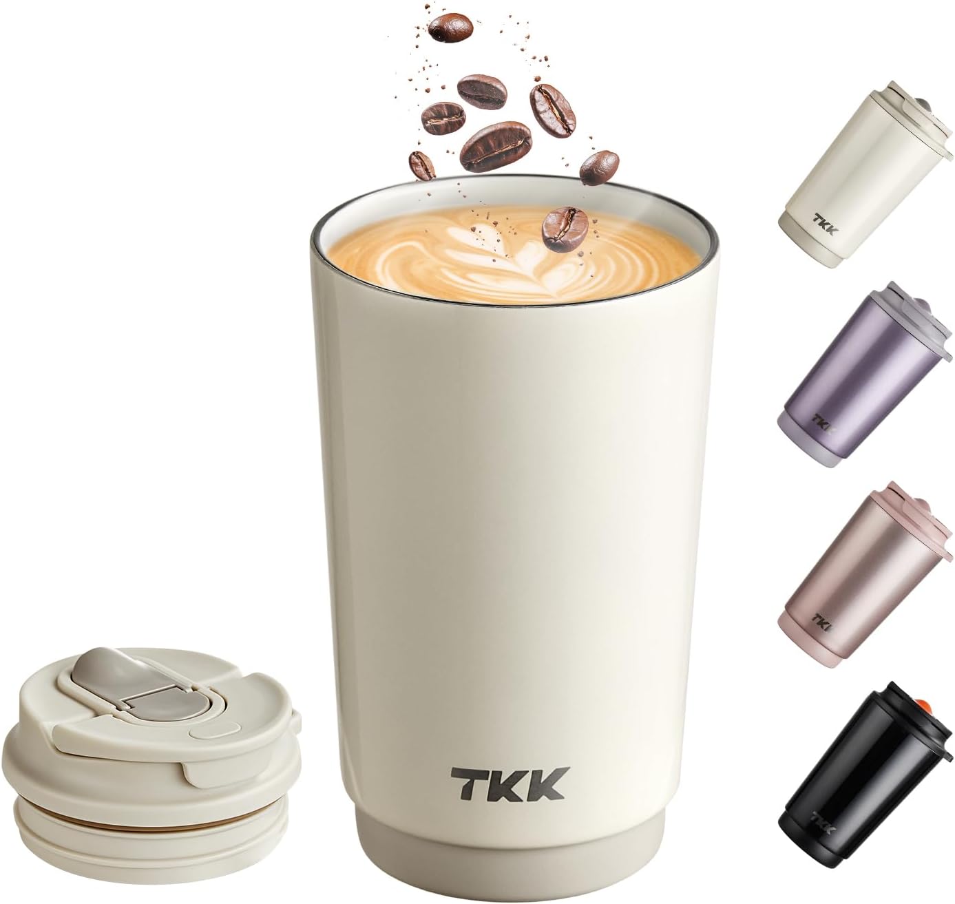 Coffee Cup with Ceramic Coating - 14oz Insulated Stainless Steel Travel Mug, Leak-Proof Tumblers with Straw for Hot/Cold Beverages, Easy Wide Mouth Cleaning, White