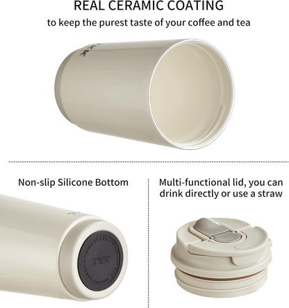 Coffee Cup with Ceramic Coating - 14oz Insulated Stainless Steel Travel Mug, Leak-Proof Tumblers with Straw for Hot/Cold Beverages, Easy Wide Mouth Cleaning, White