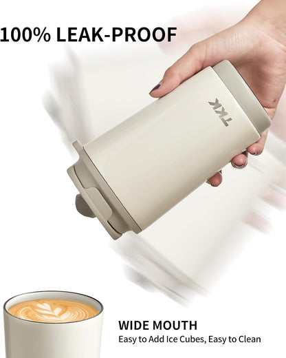 Coffee Cup with Ceramic Coating - 14oz Insulated Stainless Steel Travel Mug, Leak-Proof Tumblers with Straw for Hot/Cold Beverages, Easy Wide Mouth Cleaning, White