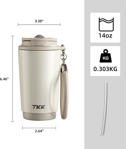 Coffee Cup with Ceramic Coating - 14oz Insulated Stainless Steel Travel Mug, Leak-Proof Tumblers with Straw for Hot/Cold Beverages, Easy Wide Mouth Cleaning, White