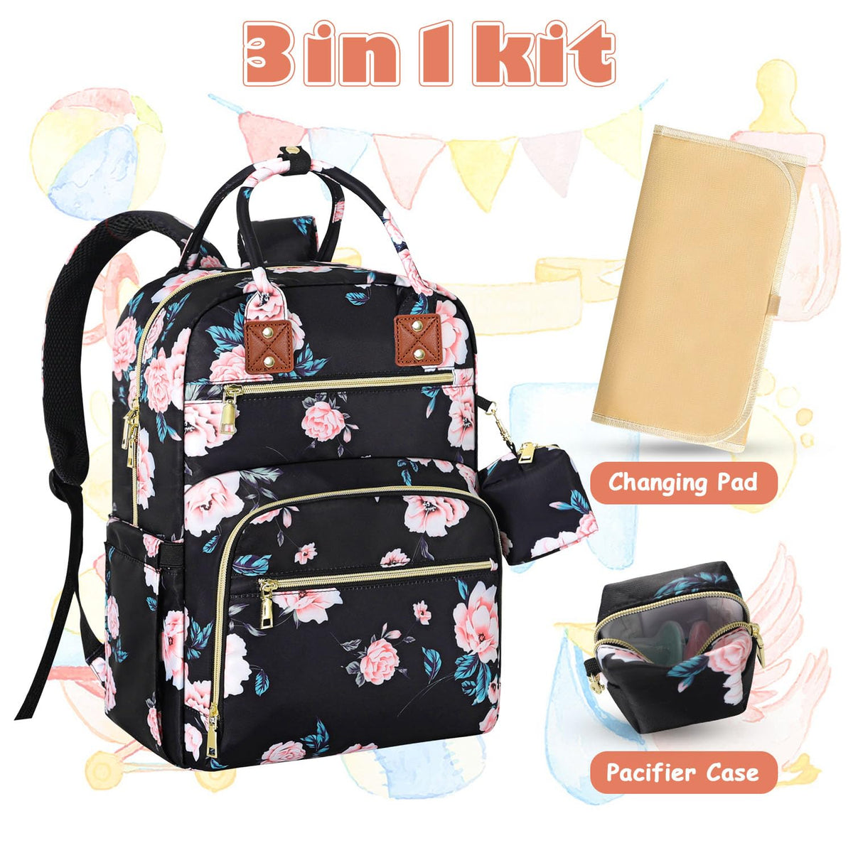 Diaper Bag Backpack, Baby Diaper Bag with Changing Pad Light Pink