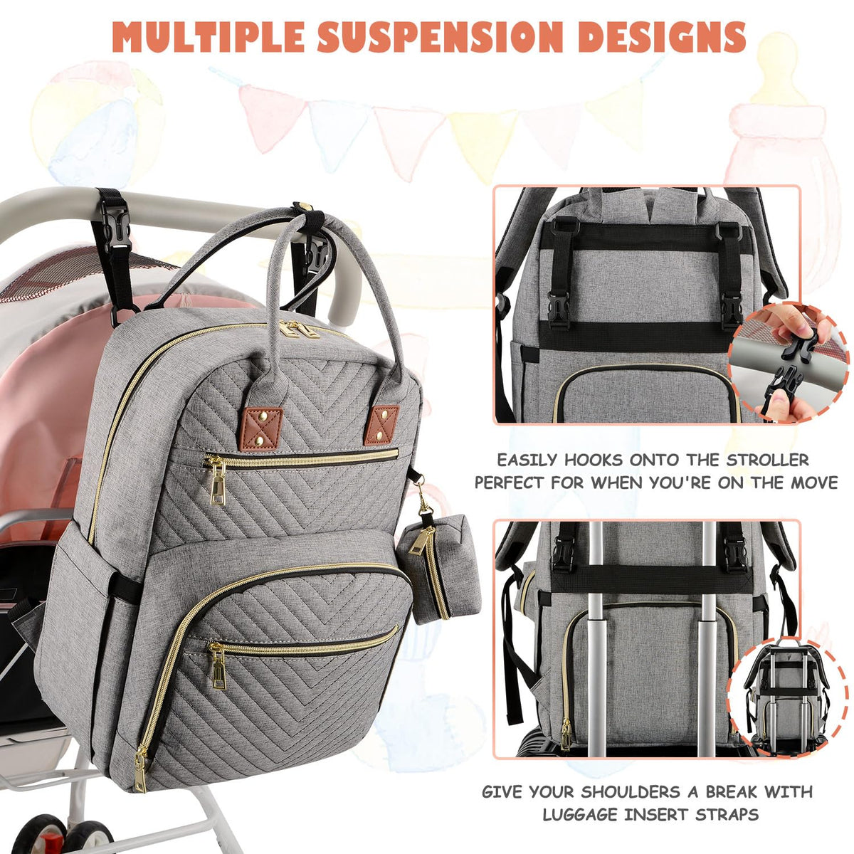 Diaper Bag Backpack, Baby Diaper Bag with Changing Pad Light Pink