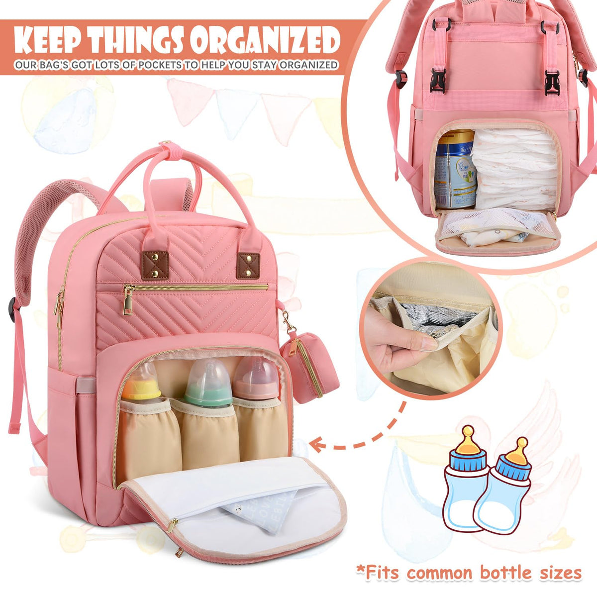 Diaper Bag Backpack, Baby Diaper Bag with Changing Pad Light Pink