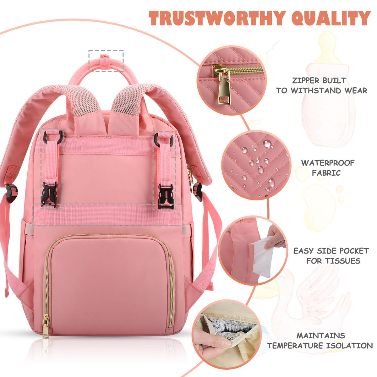 Diaper Bag Backpack, Baby Diaper Bag with Changing Pad Light Pink