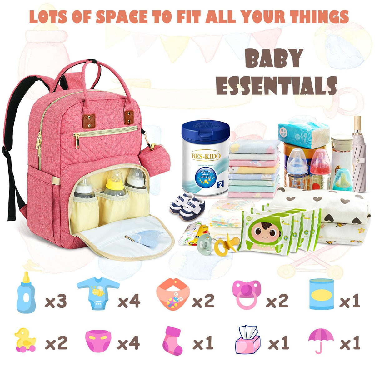 Diaper Bag Backpack, Baby Diaper Bag with Changing Pad Light Pink