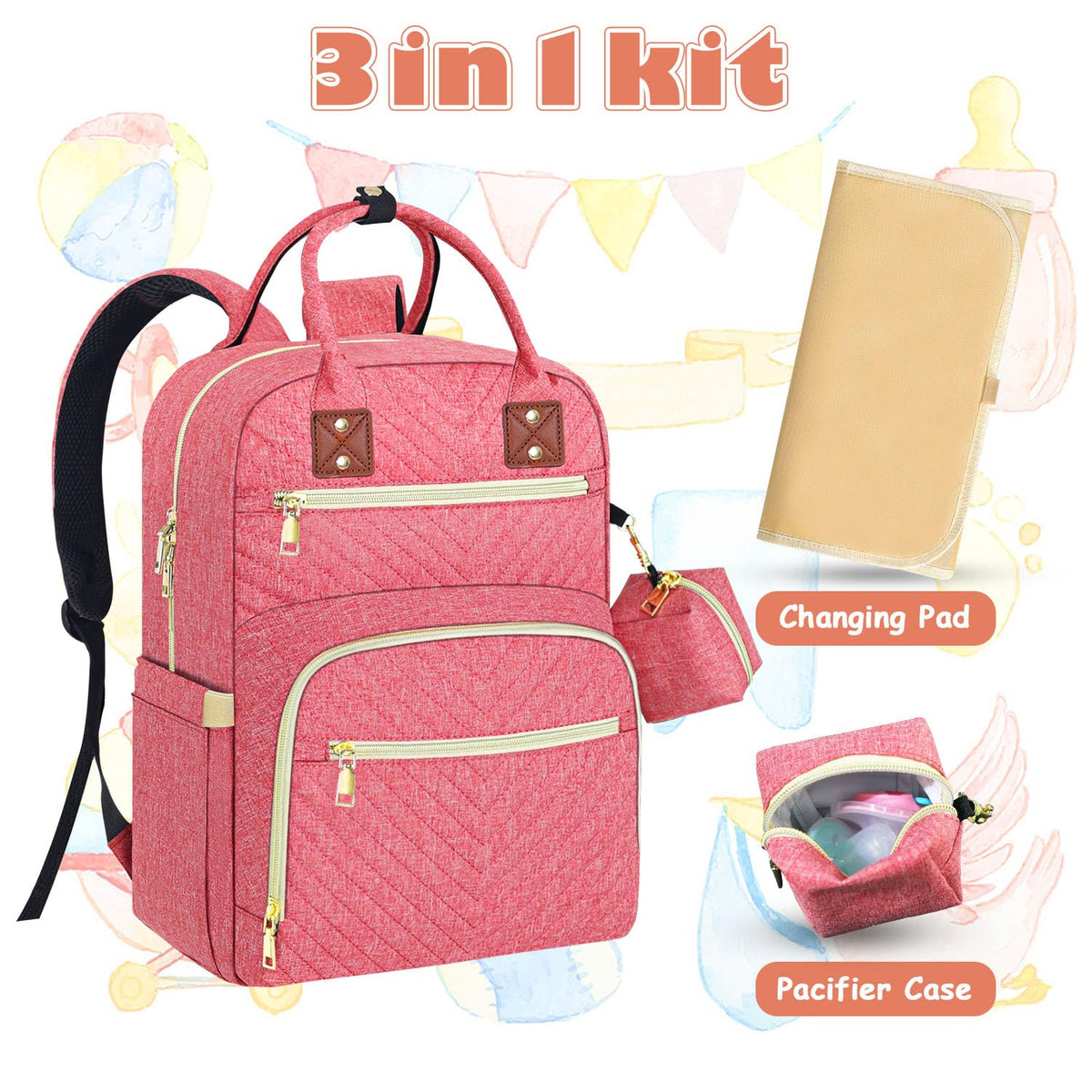 Diaper Bag Backpack, Baby Diaper Bag with Changing Pad Light Pink