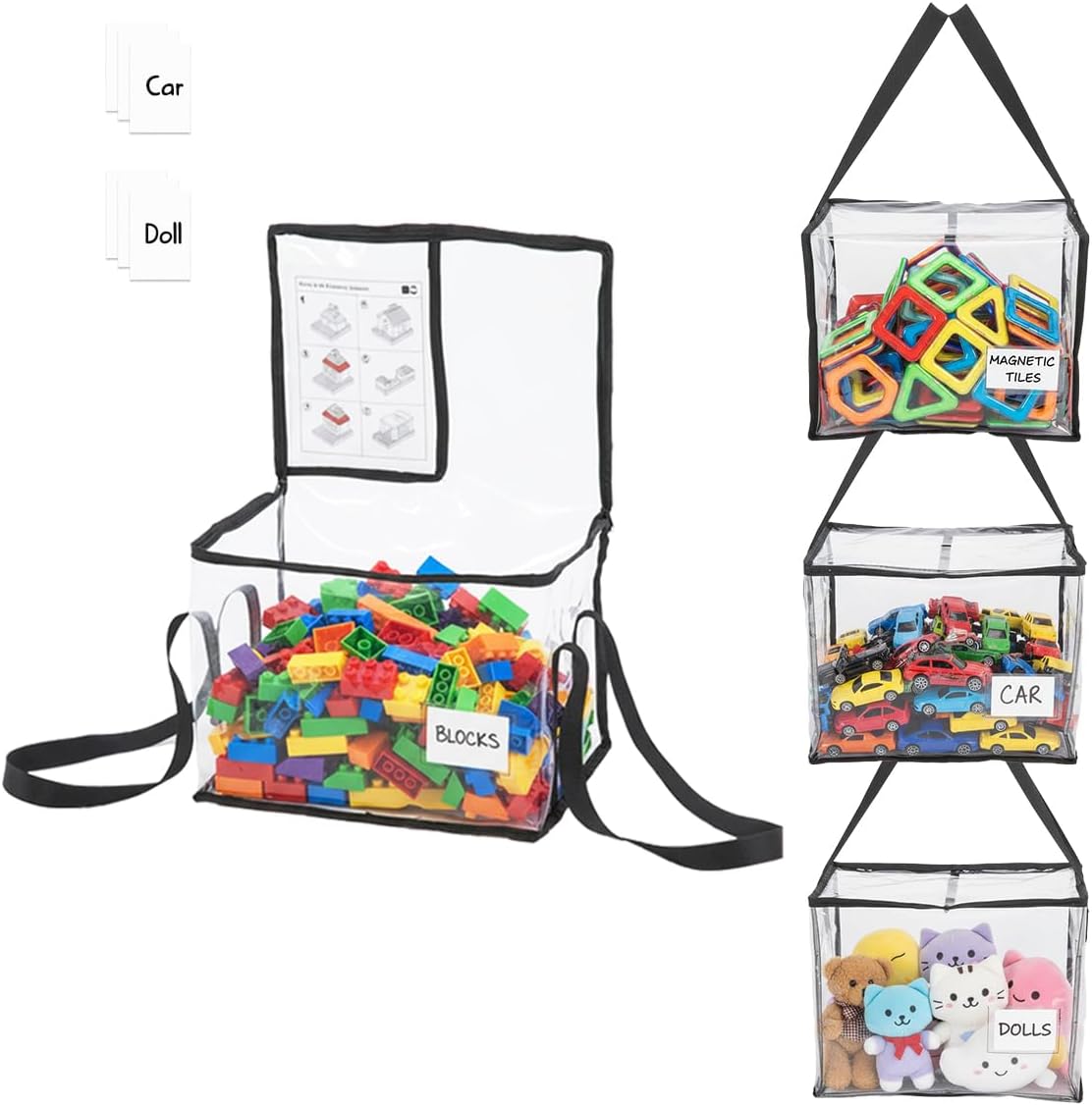 6 Pack Large Clear Toy Storage Bags with Labels, Thick PVC Reusable Waterproof Organizer Bag with Handle & Zippers for Building Bricks, Board Games, Puzzles, Dolls, Books