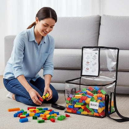 6 Pack Large Clear Toy Storage Bags with Labels, Thick PVC Reusable Waterproof Organizer Bag with Handle & Zippers for Building Bricks, Board Games, Puzzles, Dolls, Books