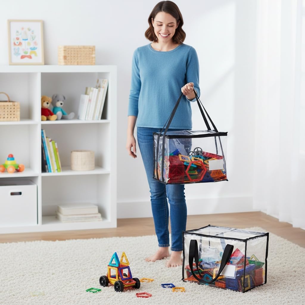 6 Pack Large Clear Toy Storage Bags with Labels, Thick PVC Reusable Waterproof Organizer Bag with Handle & Zippers for Building Bricks, Board Games, Puzzles, Dolls, Books