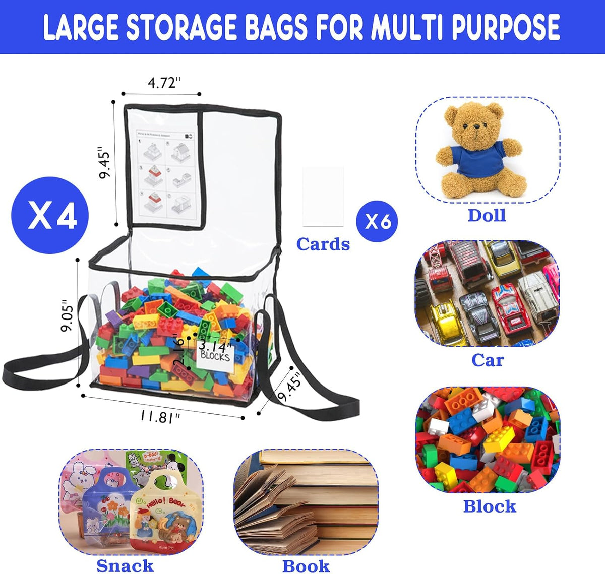 6 Pack Large Clear Toy Storage Bags with Labels, Thick PVC Reusable Waterproof Organizer Bag with Handle & Zippers for Building Bricks, Board Games, Puzzles, Dolls, Books