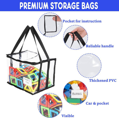 6 Pack Large Clear Toy Storage Bags with Labels, Thick PVC Reusable Waterproof Organizer Bag with Handle & Zippers for Building Bricks, Board Games, Puzzles, Dolls, Books