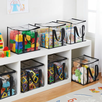 6 Pack Large Clear Toy Storage Bags with Labels, Thick PVC Reusable Waterproof Organizer Bag with Handle & Zippers for Building Bricks, Board Games, Puzzles, Dolls, Books