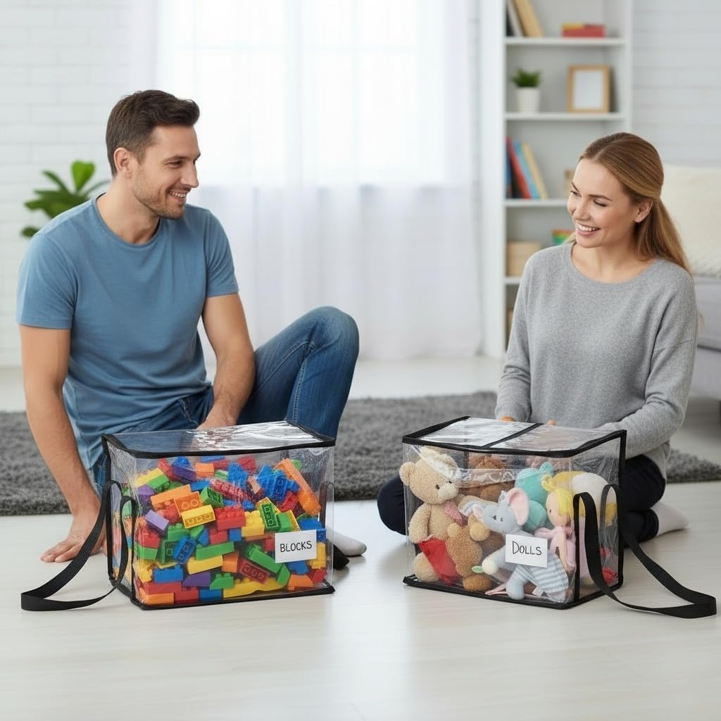6 Pack Large Clear Toy Storage Bags with Labels, Thick PVC Reusable Waterproof Organizer Bag with Handle & Zippers for Building Bricks, Board Games, Puzzles, Dolls, Books