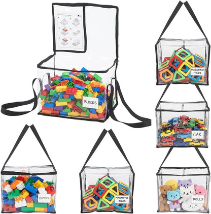 6 Pack Large Clear Toy Storage Bags with Labels, Thick PVC Reusable Waterproof Organizer Bag with Handle & Zippers for Building Bricks, Board Games, Puzzles, Dolls, Books