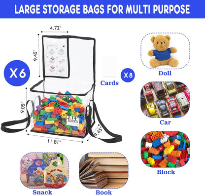 6 Pack Large Clear Toy Storage Bags with Labels, Thick PVC Reusable Waterproof Organizer Bag with Handle & Zippers for Building Bricks, Board Games, Puzzles, Dolls, Books