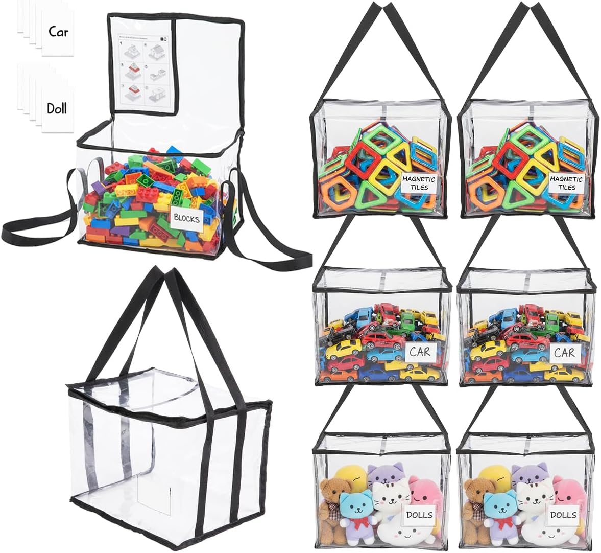 6 Pack Large Clear Toy Storage Bags with Labels, Thick PVC Reusable Waterproof Organizer Bag with Handle & Zippers for Building Bricks, Board Games, Puzzles, Dolls, Books