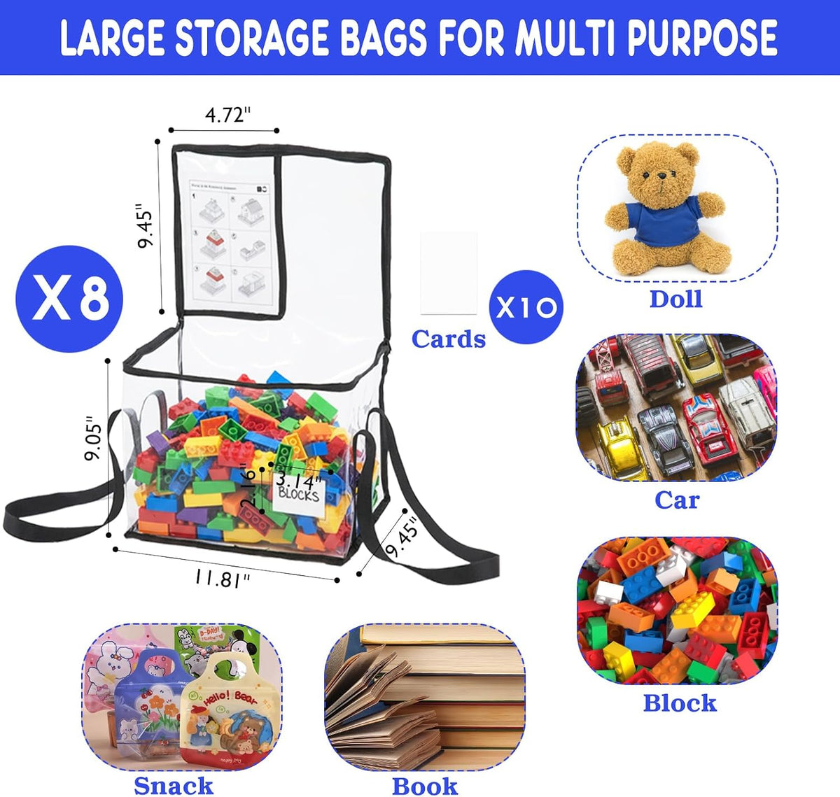 6 Pack Large Clear Toy Storage Bags with Labels, Thick PVC Reusable Waterproof Organizer Bag with Handle & Zippers for Building Bricks, Board Games, Puzzles, Dolls, Books