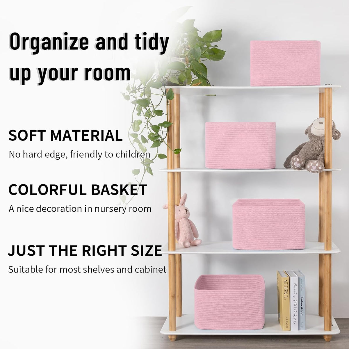 4 Pack Storage Baskets for Organizing Toys, Towels, and Clothes, Woven Basket for Shelves, Sturdy Nursery Cube Bins for Storage, 13''L x9''W x7.8''H, Purple