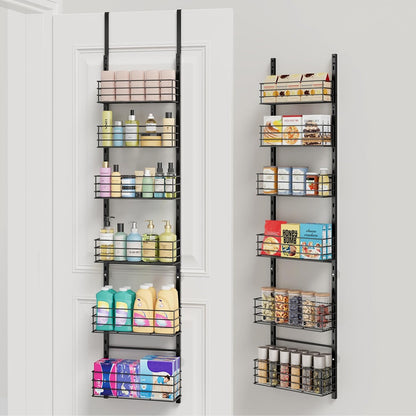 SWTYMIKI Over The Door Organizer - Door Organizer Hanging with 5 Adjustable Metal Large Capacity Basket and 6 Coat Hook, Wall Mounted Shelf for Bedroom Closet Bathroom Laundry Pantry Cabinet Kitchen