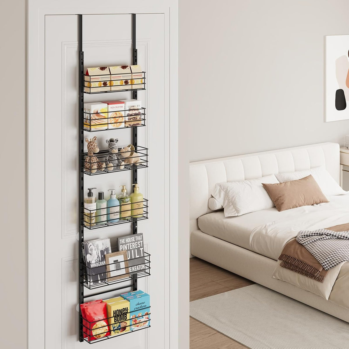 SWTYMIKI Over The Door Organizer - Door Organizer Hanging with 5 Adjustable Metal Large Capacity Basket and 6 Coat Hook, Wall Mounted Shelf for Bedroom Closet Bathroom Laundry Pantry Cabinet Kitchen