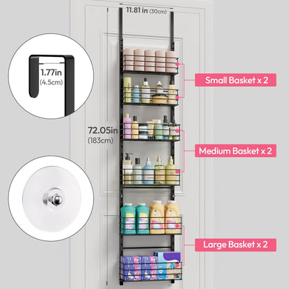 SWTYMIKI Over The Door Organizer - Door Organizer Hanging with 5 Adjustable Metal Large Capacity Basket and 6 Coat Hook, Wall Mounted Shelf for Bedroom Closet Bathroom Laundry Pantry Cabinet Kitchen