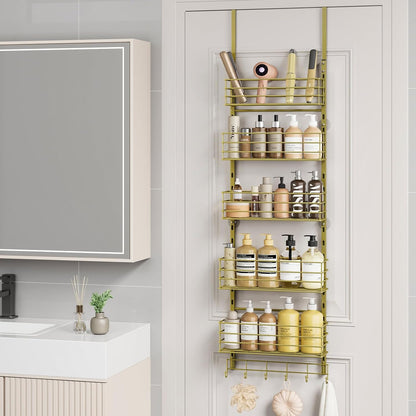 SWTYMIKI Over The Door Organizer - Door Organizer Hanging with 5 Adjustable Metal Large Capacity Basket and 6 Coat Hook, Wall Mounted Shelf for Bedroom Closet Bathroom Laundry Pantry Cabinet Kitchen