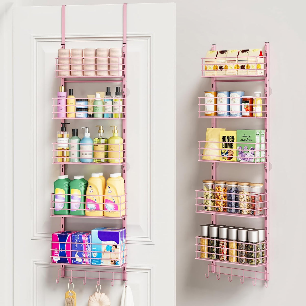 SWTYMIKI Over The Door Organizer - Door Organizer Hanging with 5 Adjustable Metal Large Capacity Basket and 6 Coat Hook, Wall Mounted Shelf for Bedroom Closet Bathroom Laundry Pantry Cabinet Kitchen