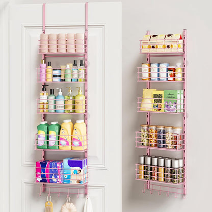 SWTYMIKI Over The Door Organizer - Door Organizer Hanging with 5 Adjustable Metal Large Capacity Basket and 6 Coat Hook, Wall Mounted Shelf for Bedroom Closet Bathroom Laundry Pantry Cabinet Kitchen