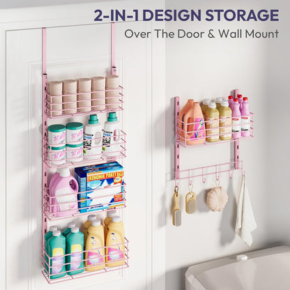 SWTYMIKI Over The Door Organizer - Door Organizer Hanging with 5 Adjustable Metal Large Capacity Basket and 6 Coat Hook, Wall Mounted Shelf for Bedroom Closet Bathroom Laundry Pantry Cabinet Kitchen