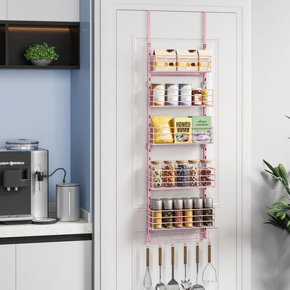 SWTYMIKI Over The Door Organizer - Door Organizer Hanging with 5 Adjustable Metal Large Capacity Basket and 6 Coat Hook, Wall Mounted Shelf for Bedroom Closet Bathroom Laundry Pantry Cabinet Kitchen