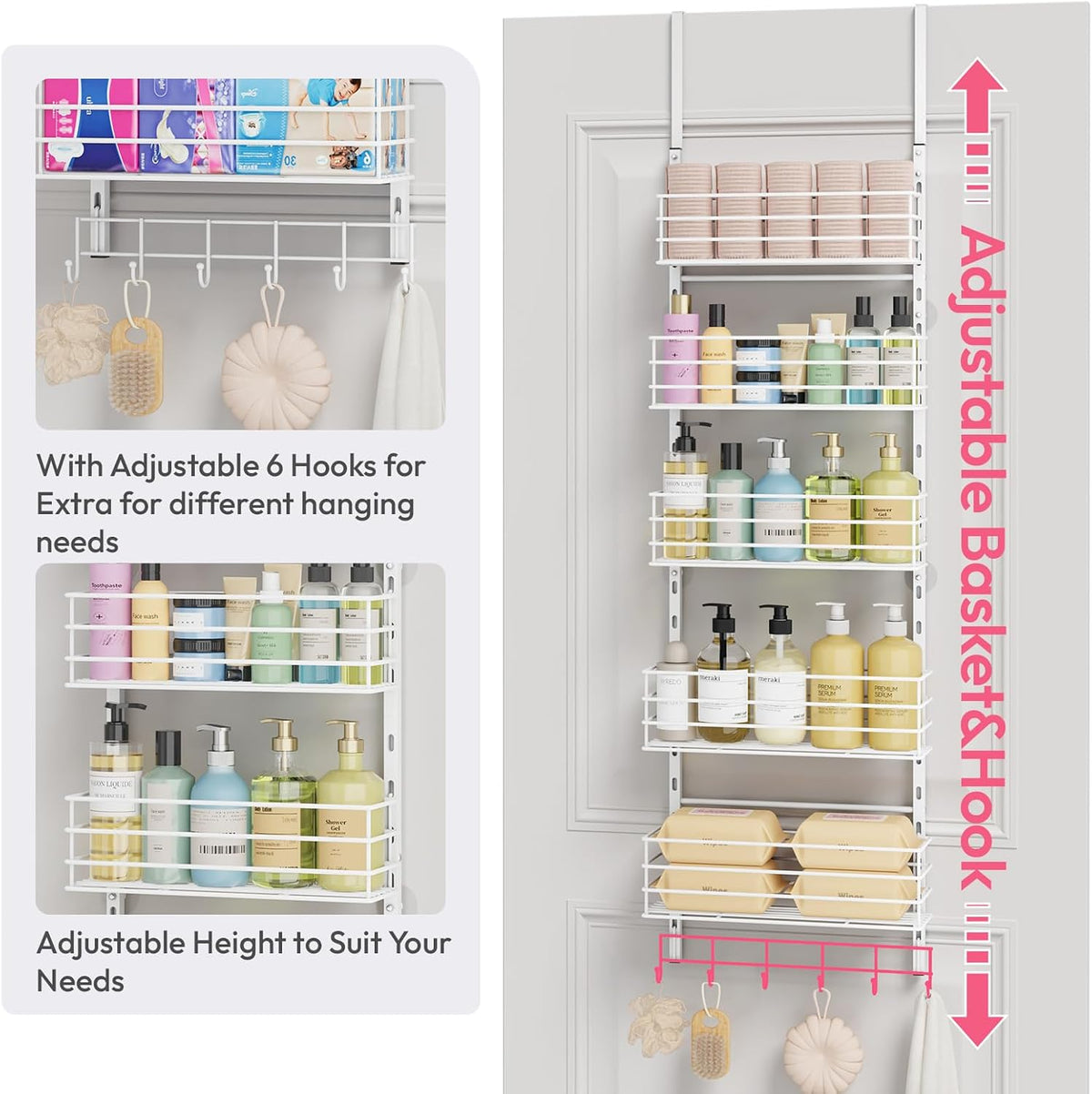 SWTYMIKI Over The Door Organizer - Door Organizer Hanging with 5 Adjustable Metal Large Capacity Basket and 6 Coat Hook, Wall Mounted Shelf for Bedroom Closet Bathroom Laundry Pantry Cabinet Kitchen