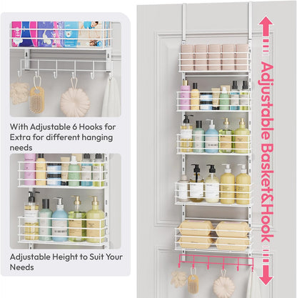 SWTYMIKI Over The Door Organizer - Door Organizer Hanging with 5 Adjustable Metal Large Capacity Basket and 6 Coat Hook, Wall Mounted Shelf for Bedroom Closet Bathroom Laundry Pantry Cabinet Kitchen