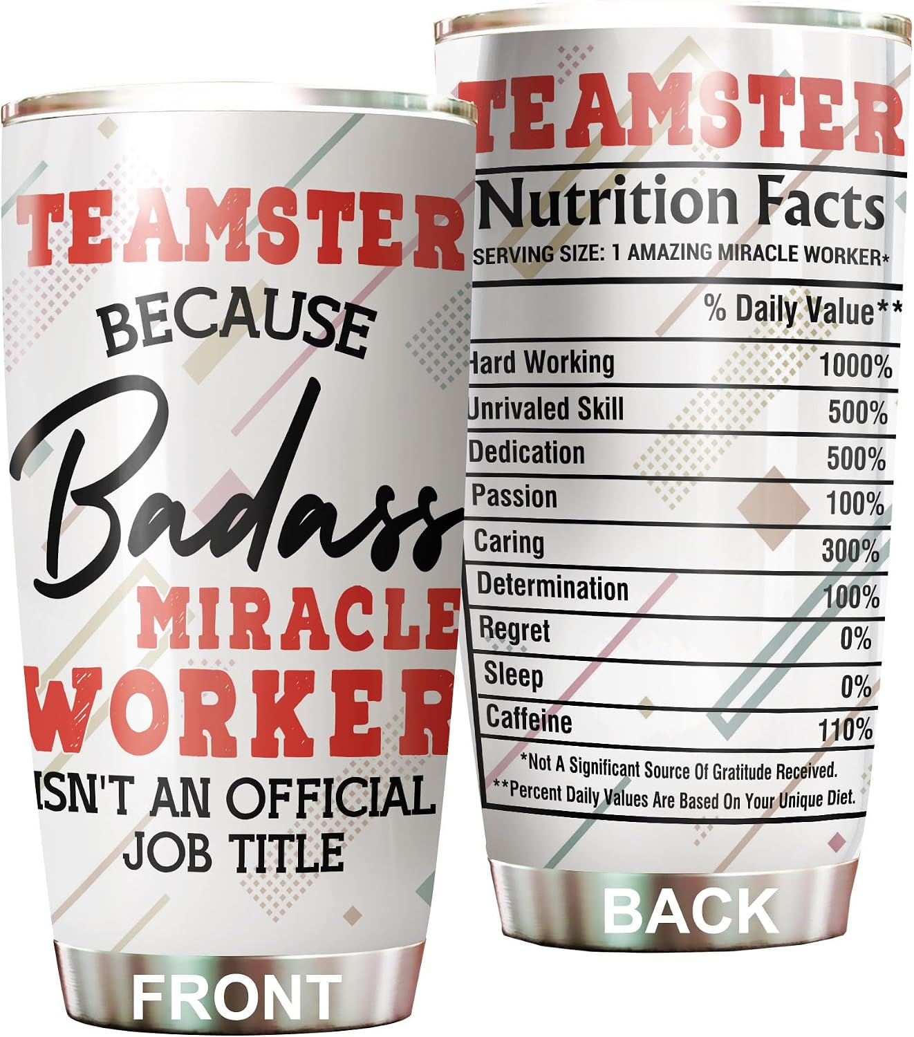 Miracle Worker Nutrition Facts Teamster Tumbler Stainless Steel 20oz, Funny Gifts Bulks For Office Women Men Work Friend Coworker, Driking Coffee Cup For Birthday Christmas