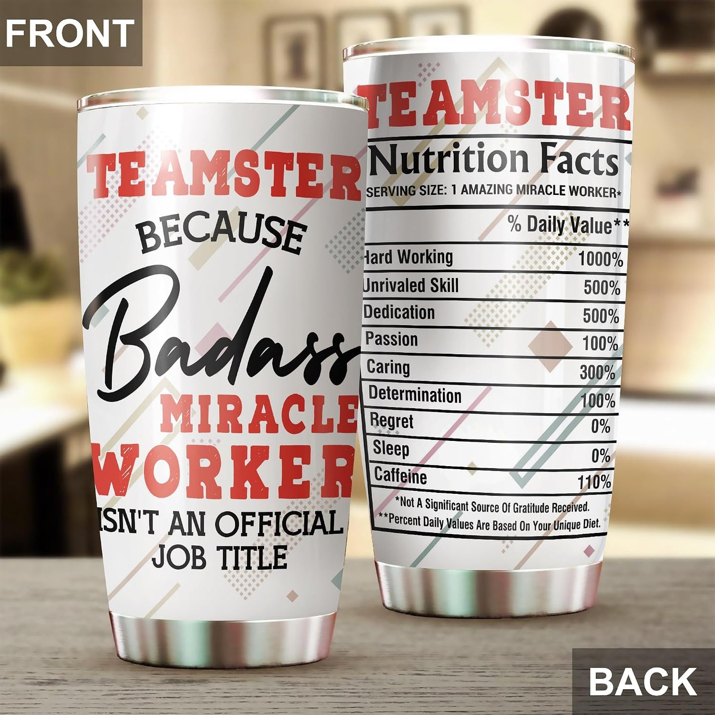 Miracle Worker Nutrition Facts Teamster Tumbler Stainless Steel 20oz, Funny Gifts Bulks For Office Women Men Work Friend Coworker, Driking Coffee Cup For Birthday Christmas